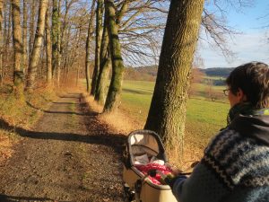 Kinderwagen auf Feldweg in der Sonne